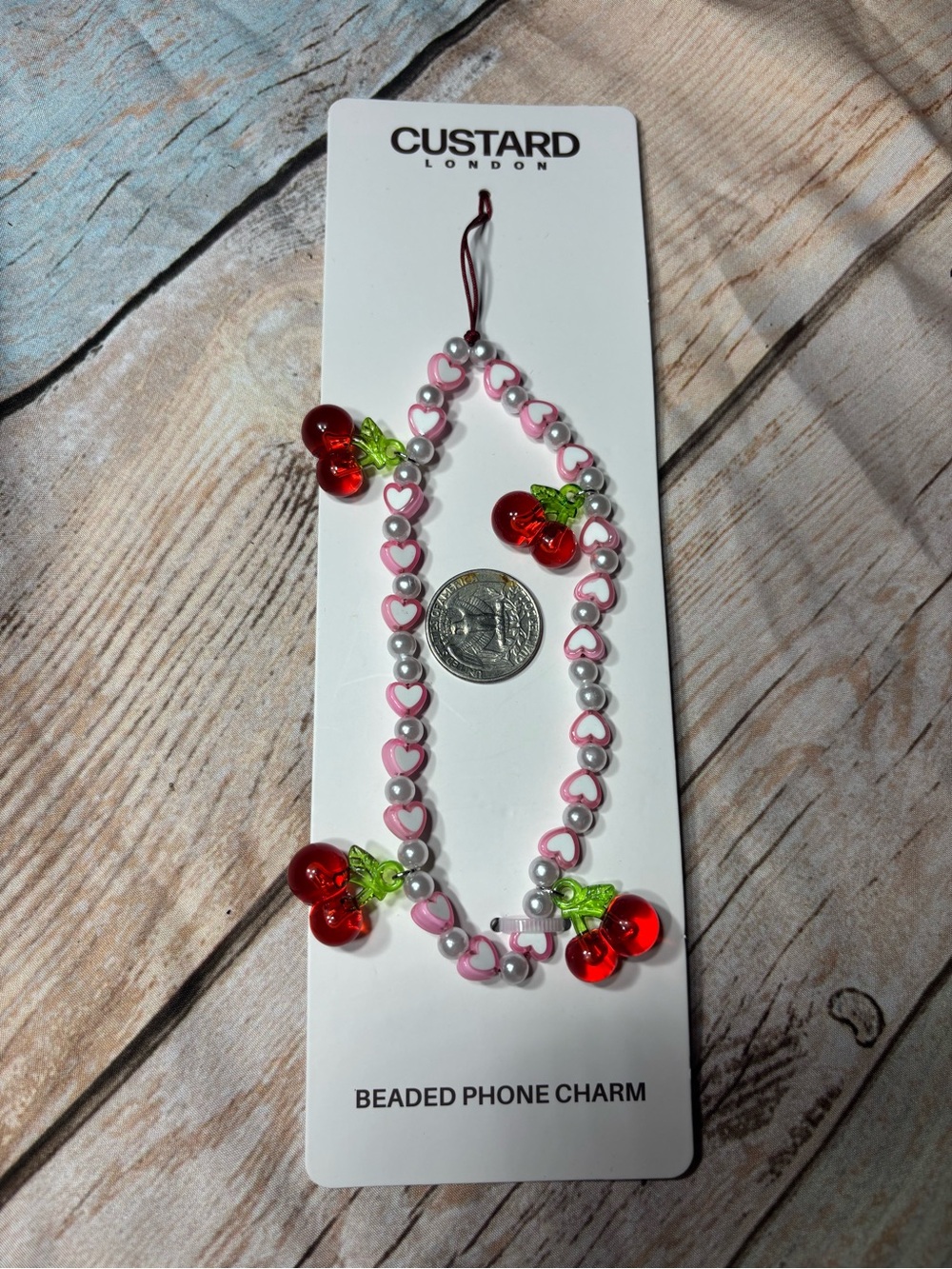 Pink Heart & Cherry Beaded Phone Charm - Picture 2 of 3